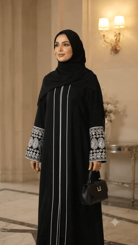 مانتو عبایی گلامور مدل نقره مجلسی با سر آستین مخمل سوزندوزی